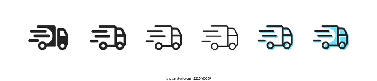 Minivan set icon. Fasr shipping, logistics, truck, clock, time, watch, courier, parcel, customer, purchase, buy, client, drive, car. Delivery concept. Vector black line icon on white background