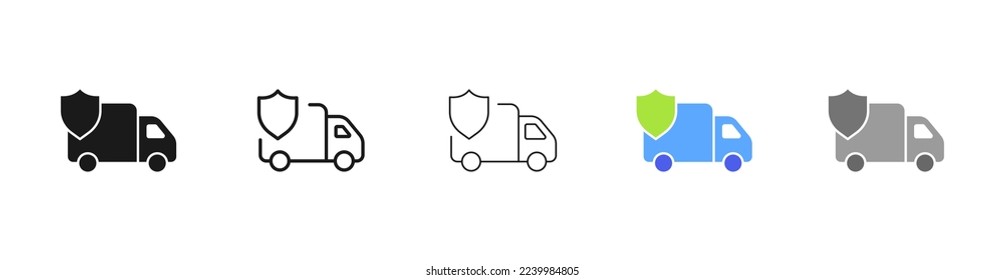 Minivan with shield set icon. Quality mark, safe, box with lid, warning sign, package, secure, cardboard, moving. Delivery concept. Vector five icon in different style on white background