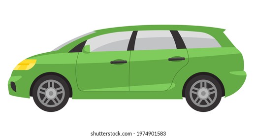 Minivan side view. Green automobile in cartoon style.