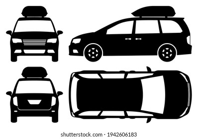 Minivan silhouette on white background. Vehicle icons set view from side, front, back, and top