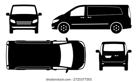Silueta de minivan sobre un fondo blanco. Pictograma de coche mostrado desde diferentes ángulos - vista lateral, frontal, trasera, superior