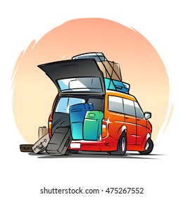 Minivan with suitcases and bags. Cartoon illustration