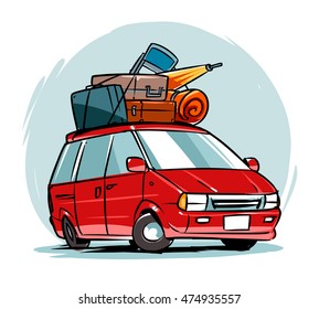 Minivan with suitcases and bags on the roof. Cartoon illustration