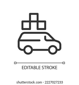 Minivan taxi pixel perfect linear ui icon. Freight delivery service. Online car ordering. GUI, UX design. Outline isolated user interface element for app and web. Editable stroke. Arial font used