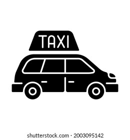 Minivan taxis black glyph icon. Van side view. Need to transport a large group of people. Roomy car. Modern taxi service. Silhouette symbol on white space. Vector isolated illustration