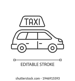 Icono lineal de taxis minivan. Vista lateral de la camioneta. Necesidad de transportar a un gran grupo de personas. Un coche amplio. ... Ilustración personalizable de línea delgada. Símbolo de contorno. Dibujo de contorno aislado del vector. Trazo editable