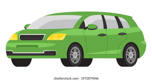 Minivan three quarter view. Green automobile in cartoon style.