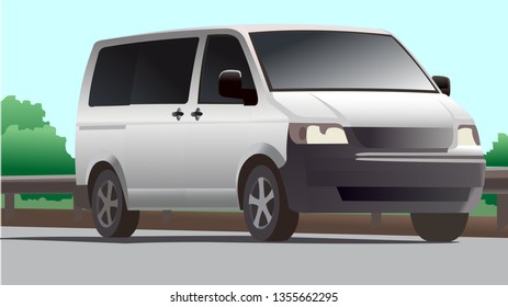 Minivan, three quarter view. Minibus. Work car. Car for a large family. Passenger Transportation. Modern flat vector illustration.