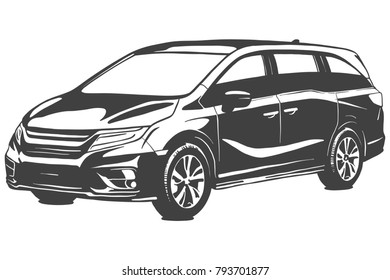Minivan vector black illustration isolated on white background. Hand drawn illustration.
