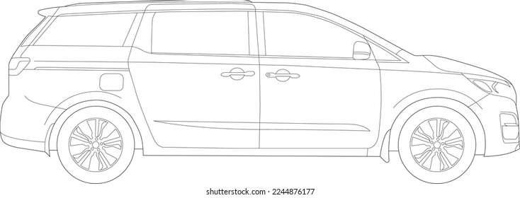 Alambre de plantilla de vectores de automóvil. Huella azul de Hatchback. Vista lateral de la plantilla de vehículos de Van en blanco