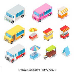 Minivans for street food selling stall collection on white. Colorful means of transportation near stall for ice creams, tasty hot dogs and hot drinks with round and rectangular cloth roof vector