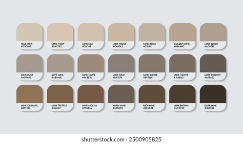 Mink Farbpalette, Mink Farbleitpalette mit Farbnamen. Katalogbeispiele der Asche mit RGB HEX-Codes und Namen. Graue Farbpalette Vektor, Holzdesign Farben, Mode Trend Grau Farben