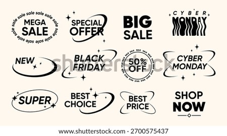Minmalist sale badges set with text for Black Friday, Cyber ​​Monday, special offers, mega sales, promo, for e-commerce, digital marketing, web ads, social media, seasonal shopping campaigns. Vector