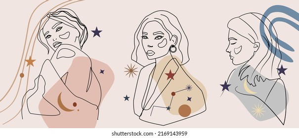 Minmalistic drawing of women against the background of a star pattern. Suitable for horoscope, astrology and zodiac signs. Zodiac sign Gemini woman. Pop art illustration. Line art, ideal for poster