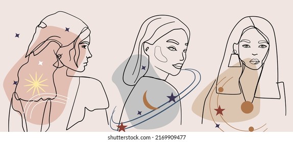 Minmalistic drawing of women against the background of a star pattern. Suitable for horoscope, astrology and zodiac signs. Zodiac sign Gemini woman. Pop art illustration. Line art, ideal for poster