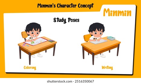 Minmin o Estudante Boy: Vetor de desenhos animados de um menino bonito com cabelo preto focado em estudar. Inclui várias poses de estudo e expressões pensativas.