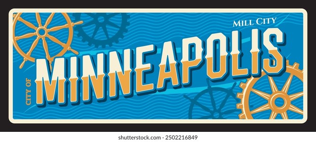 Minneapolis american city retro travel plate sign, tourist destination. USA America tin sign, vector vintage souvenir card or banner with retro typography and steering wheels, Mill city