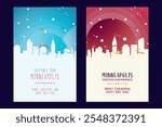 Minneapolis Christmas poster with skyline, cityscape. Winter USA Minnesota state holiday, New Year vector brochure, website, flyer, leaflet, card layout