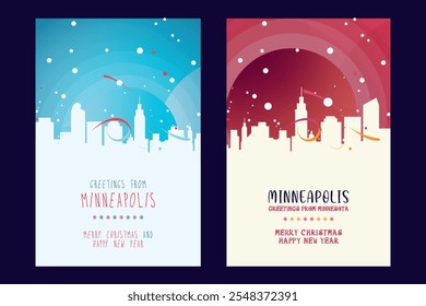 Cartel de Navidades de Minneapolis con horizonte, paisaje urbano. Winter USA Vacaciones en el estado de Minnesota, folleto de Vector del año Nuevo, Sitio web, folleto, folleto, diseño de la tarjeta