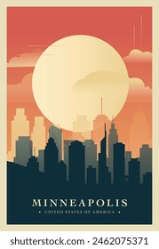 Afiche de brutalismo de la ciudad de Minneapolis con horizonte abstracto, paisaje urbano. ILUSTRACIÓN VECTORIAL retro del estado de Minnesota. Portada de viaje, folleto, folleto, folleto, folleto, Plantilla de presentación, Imagen de diseño