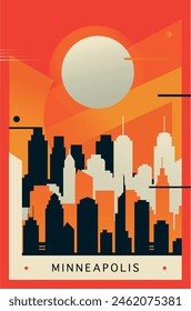 Afiche de brutalismo de la ciudad de Minneapolis con horizonte abstracto, paisaje urbano. ILUSTRACIÓN VECTORIAL retro del estado de Minnesota. Portada de viaje, folleto, folleto, folleto, folleto, Plantilla de presentación, Imagen de diseño