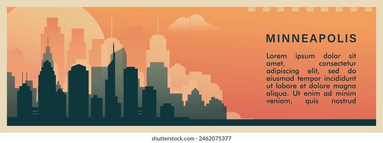 Anuncio de Vector de brutalismo de la ciudad de Minneapolis con horizonte, paisaje urbano. EE.UU. Minnesota estado retro ilustración Horizontal. Diseño de viajes de los Estados Unidos de América para presentación de Web, encabezado, pie de página