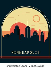 Afiche de estilo retro de la ciudad de Minneapolis con horizonte, paisaje urbano. ILUSTRACIÓN VECTORIAL vintage del estado de Minnesota. Cubierta frontal de EE. UU., folleto, folleto, Plantilla de folleto, Imagen de diseño