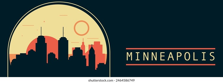 Anuncio de Vector de estilo retro de la ciudad de Minneapolis con horizonte, paisaje urbano. Ilustración Horizontal vintage del estado de Minnesota. Diseño de viajes de los Estados Unidos de América para presentación de Web, encabezado, pie de página