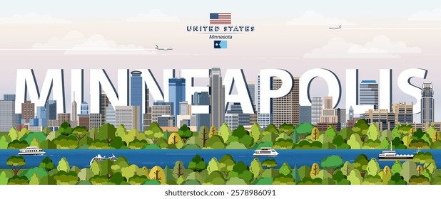 Minneapolis city skyline colorful vector illustration. Travel poster