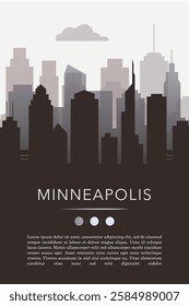 Minneapolis city template for website, presentation, front page, invitation, publication sheet with skyline, landmarks. Vector Minnesota state, USA image layout, simple and grayscale