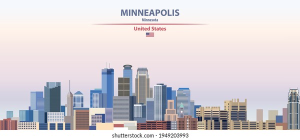 Minneapolis-Stadtlandschaft auf Sonnenuntergang, Vektorgrafik mit Land- und Stadtnamen und Flagge der Vereinigten Staaten