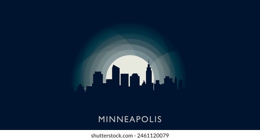 Minneapolis paisaje urbano horizonte ciudad panorama Vector plano moderno ilustración de Anuncio. EE.UU., Minnesota emblema idea con Lugares famosos y siluetas de construcción en el amanecer atardecer noche