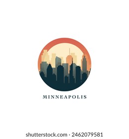 Minneapolis cityscape, vector gradient badge, flat skyline logo, icon. USA, Minnesota state city round emblem idea with landmarks and building silhouettes. Isolated abstract graphic