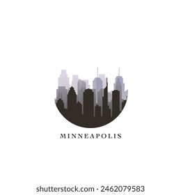 Paisaje urbano de Minneapolis, insignia de gradiente de Vector, logotipo plano del horizonte, ícono. EE.UU., la ciudad del estado de Minnesota redondea la idea del emblema con Lugares famosos y siluetas de construcción. Gráfico monocromo abstracto aislado