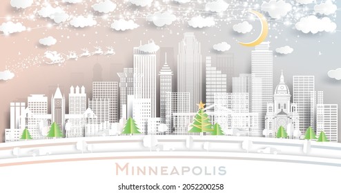 Minneapolis Minnesota City Skyline in Paper Cut Style with Snowflakes, Moon and Neon Garland. Vector. Christmas and New Year Concept. Santa Claus on Sleigh. Minneapolis Cityscape Landmarks.