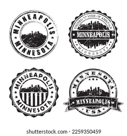 Minneapolis Minnesota Stamp Skyline Postmark. Silhouette Postkarte. City Round Vector Icon Set. Vintage-Postage 

Design.