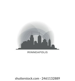 Minneapolis, Minnesota paisaje urbano paisaje panorama Vector logotipo plano, icono moderno. EE.UU., Estados Unidos Lugares famosos de la ciudad y siluetas de construcción, Clipart aislado en el atardecer, amanecer, gris noche