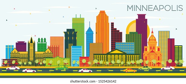 Minneapolis Minnesota USA City Skyline with Color Buildings and Blue Sky. Vector Illustration. Business Travel and Tourism Concept with Modern Architecture. Minneapolis Cityscape with Landmarks.
