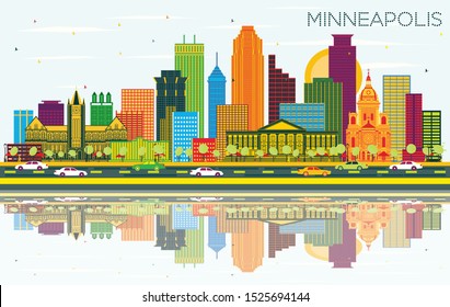 Minneapolis Minnesota Estados Unidos Skyline con edificios de color, cielo azul y reflexiones. Ilustración vectorial. Concepto de viajes y turismo con arquitectura moderna. El paisaje urbano de Minneapolis con monumentos.