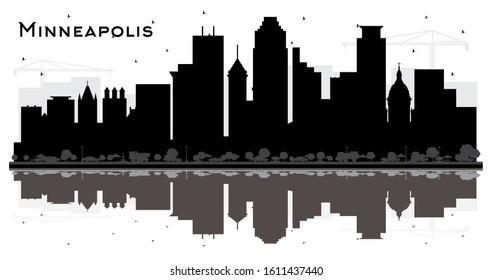 Minneapolis Minnesota Estados Unidos Skyline Silhouette con edificios negros y reflexiones aisladas en blanco. Ilustración vectorial. Concepto de viajes de negocios y turismo. El paisaje de la ciudad de Minneapolis con puntos de referencia