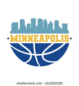 Minneapolis, MN, USA Basketball Skyline City Silhouette Vector. Símbolos de iconos de estilo de diseño de canasta. Sport America Ball.