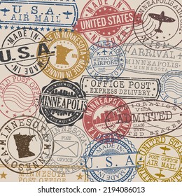 Minneapolis, MN, USA Set of Stamps. Travel Stamp. Made In Product. Design Seals Old Style Insignia.