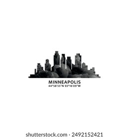 Panorama de Minneapolis, insignia de Vector, logotipo del horizonte e ícono. EE.UU., Minnesota horizonte de la ciudad del estado logotipo con Lugares famosos y siluetas de construcción. Gráfica de gradiente abstracto de niebla aislada