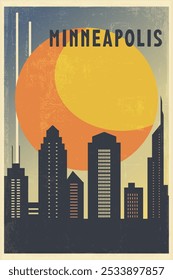 Afiche de ciudad retro de MInneapolis con Formas abstractas de horizonte, edificios. EE.UU., Ilustración vectorial de viaje vintage del estado de Minnesota, paisaje urbano al amanecer, puesta del sol