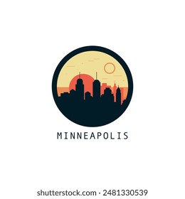 Minneapolis skyline, downtown panorama logo, logotype. USA, Minnesota state round badge contour, isolated vector vintage pictogram with monuments, landmarks