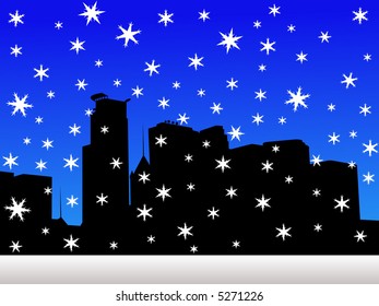 Minneapolis skyline in winter with falling snow