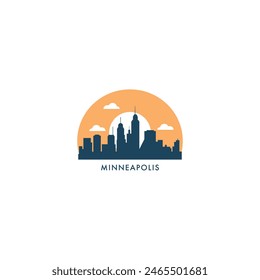 Minneapolis, USA city skyline and cityscape logo. Panorama, US Minnesota state icon with landmarks, skyscraper at sunrise, sunset. United States of America isolated graphic, vector flat