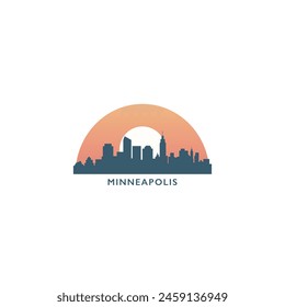 Minneapolis USA United States of America, city skyline logo. Panorama vector flat US Minnesota state icon, abstract shapes of landmarks, skyscraper, panorama, buildings at sunrise, sunset