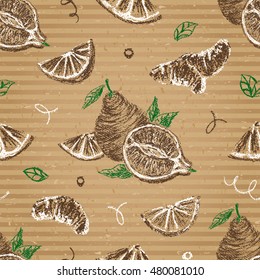 Minneola seamless pattern on cardboard. Hand drawn citrus background. Vector 