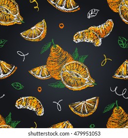 Minneola seamless pattern on chalkboard. Hand drawn citrus background. Pastel drawing. Vector 